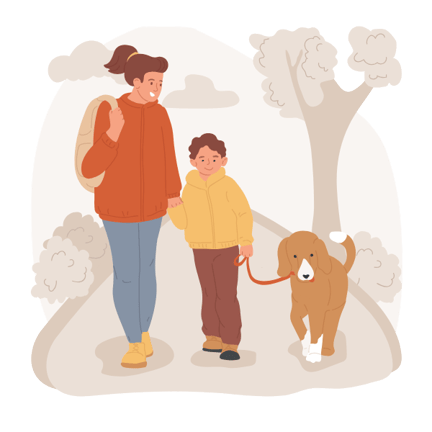 Mom And son walking dog in park 