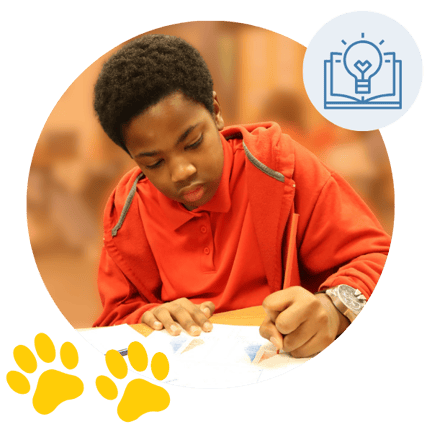 Student in a red shirt focused on schoolwork at a desk, with a blue icon of a book and light bulb and two yellow paw prints, inside an orange-toned circular background.