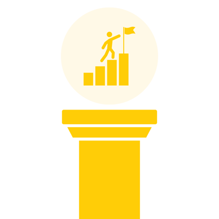 Yellow icon of a person climbing a bar graph to reach a flag, displayed on a pedestal, inside a light yellow circle.