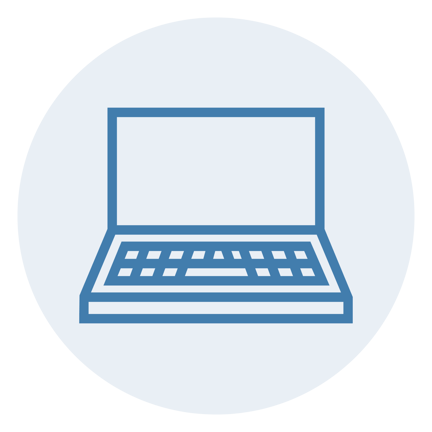 Blue icon outline of an open laptop inside a light blue circle.