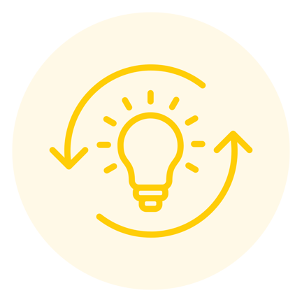 Yellow icon outline of a glowing light bulb surrounded by two circular arrows, inside a light yellow circle.