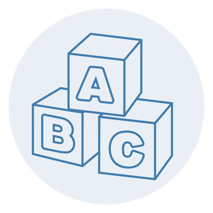 Blue icon outline of three stacked alphabet blocks labeled A, B, and C, inside a light blue circle.