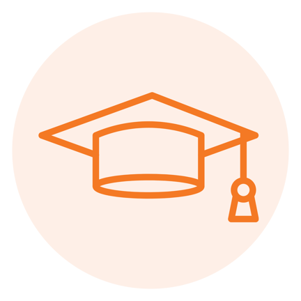 Orange icon outline of a graduation cap with a tassel, inside a light orange circle.