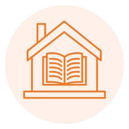Orange icon outline of a house with an open book inside, inside a light orange circle.