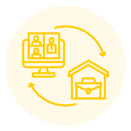 Yellow icon outline of a computer screen with video call participants and a house with a briefcase, connected by two arrows, inside a light yellow circle.