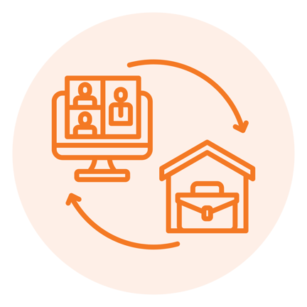 Orange icon outline of a computer screen with video call participants and a house with a briefcase, connected by two arrows, inside a light orange circle.