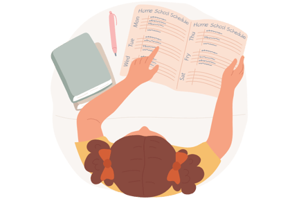 Illustration of a young student holding a paper with a homeschool schedule