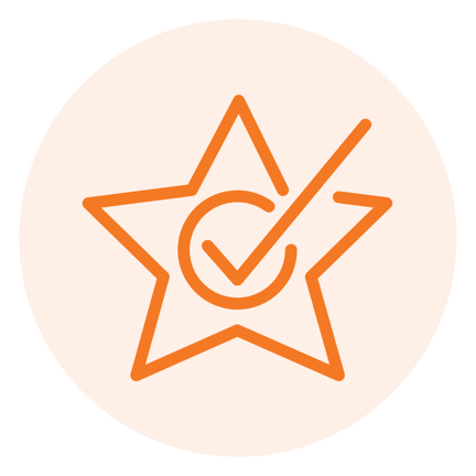 Orange icon outline of a star with a checkmark inside a circle, inside a light orange circle.