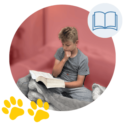 A young child sits cross-legged reading an open book, resting their chin on their hand while focused on the page, inside a light red circle with a blue circle featuring an open book and yellow paw prints.
