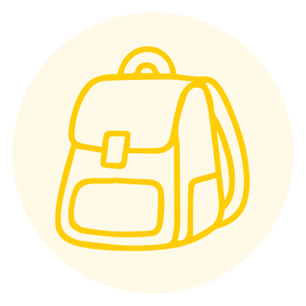 Yellow icon outline of a school backpack, inside a light yellow circle.