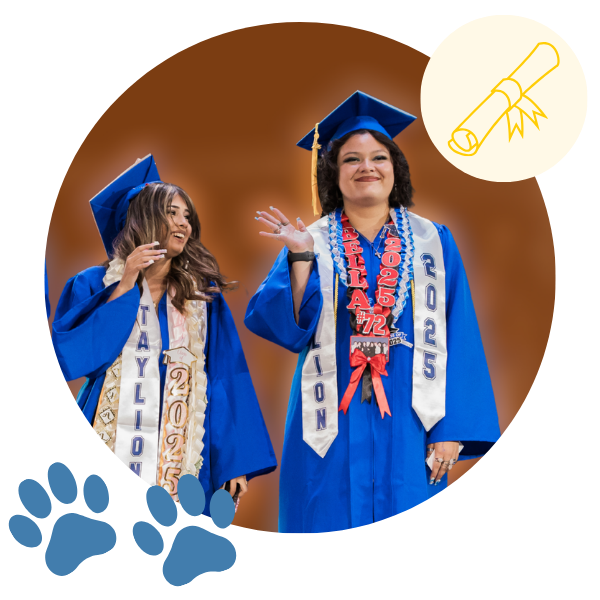 Two graduating students in blue caps and gowns smiling and waving, with a yellow diploma icon and two blue paw prints, inside a warm orange-toned circular background.