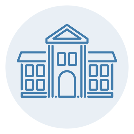 Blue icon outline of a school building with windows and a central archway, inside a light blue circle.