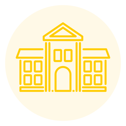 Yellow icon outline of a school building with windows and a central archway, inside a light yellow circle.