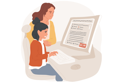 Parent helping student with homework on a computer, student is typing and parent is watching