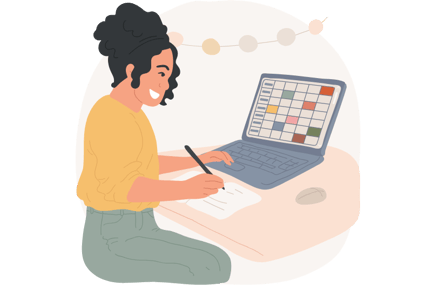 Graphic of a student at desk doing work on paper and a laptop