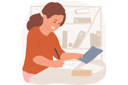 Student sitting at a desk doing summer school homework on paper with a bookshelf behind them