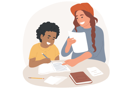 Teacher helping student with summer school homework at a desk