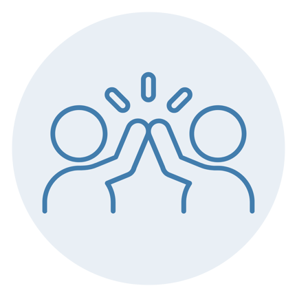 Blue icon outline of two people giving a high five, with motion lines above their hands, inside a light blue circle.