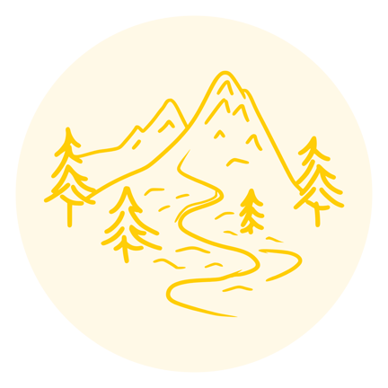 Yellow mountain scene with pine trees and a winding trail inside a light yellow circle.