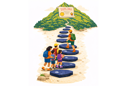 Walking up stone pathway