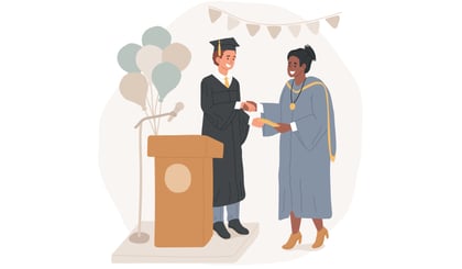 Graphic of graduating student on a stage receiving a diploma from the principal