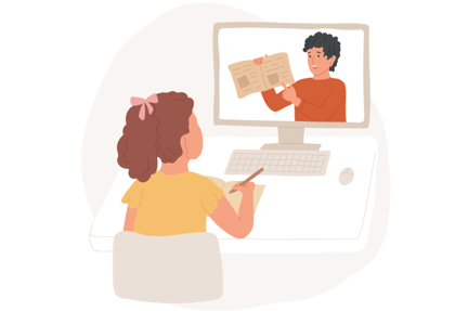 Illustration of a student looking at a computer with a teacher on the screen